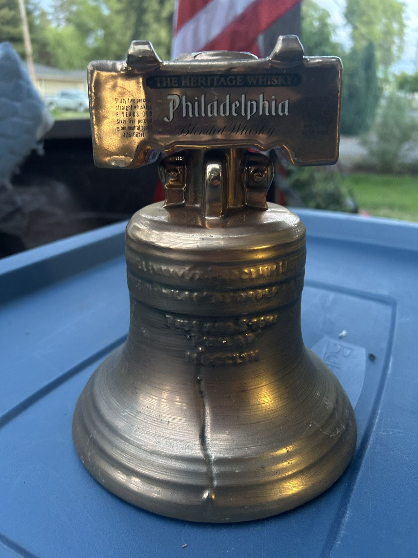 Empty Vintage Philadelphia Whiskey Bicentennial Decanter Liberty Bell 22k Gold Finish.