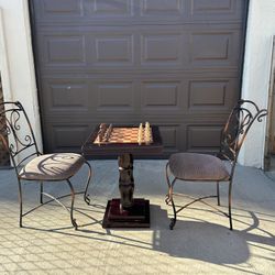 Antique Wooden Chess Set, Table, and Chairs