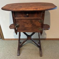 Vintage Wood Humidor Cigar Storage/Table, Metal Lined, 23” wideX13”deepX28 1/2”high w/side shelves.