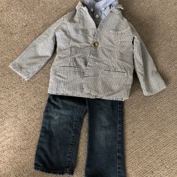 EUC 24 m 2T 3 PC Outfit: Long Sleeve Button Up Shirt, Denim Jeans, Suit Blazer