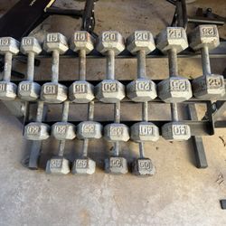 10–50 lb Cast Iron Hex Dumbbell Set with stand. 540lbs