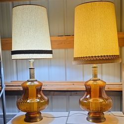 RARE Matching MCM Amber Genie Bottle Lamps – Double Light Glow – $650