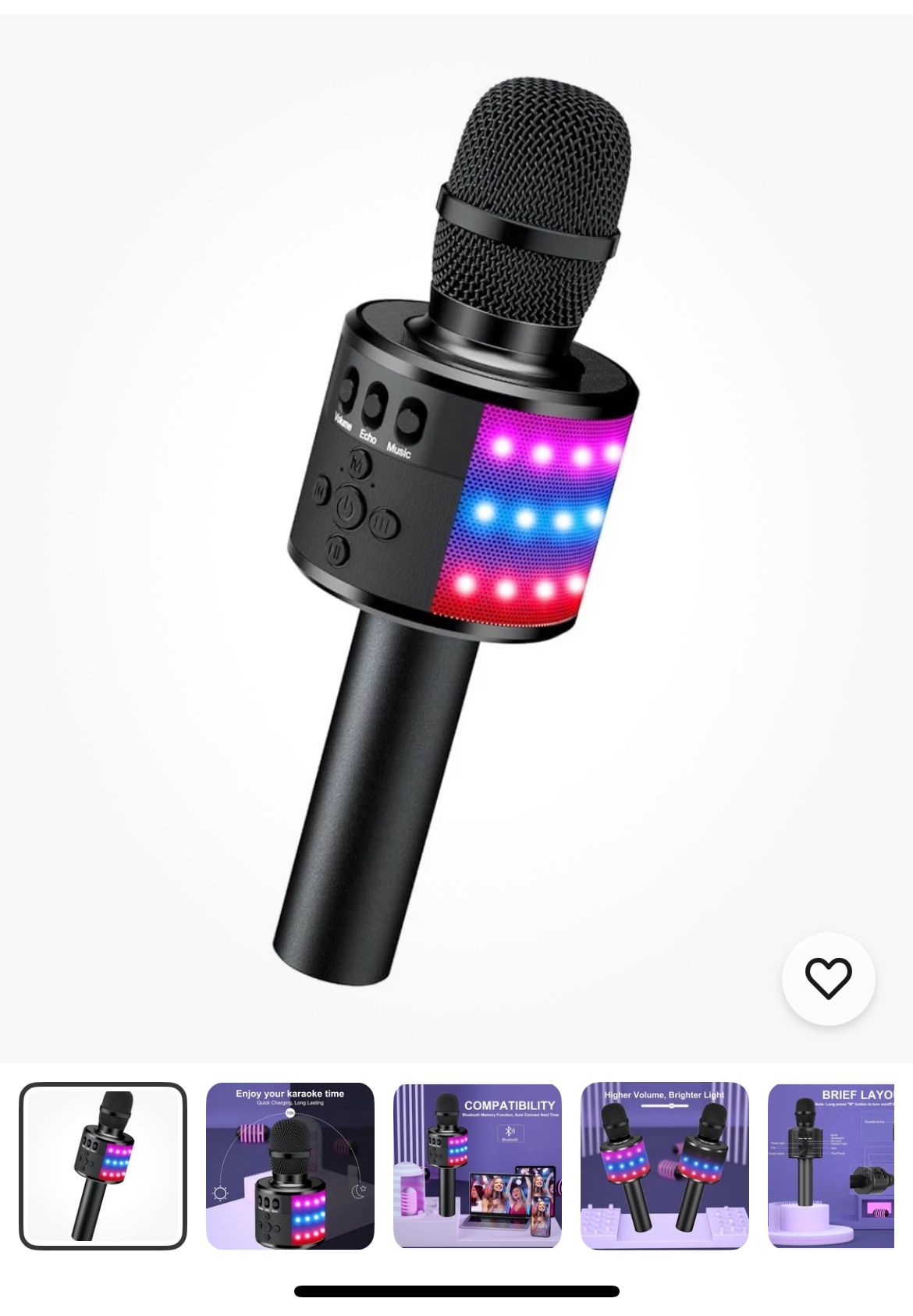 bonoak Bluetooth wireless karaoke microphone w/LED lights with speaker black