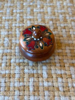 Vintage Polish Folk Art Wooden Trinket Pill Box Hand Carved Painted 2"
