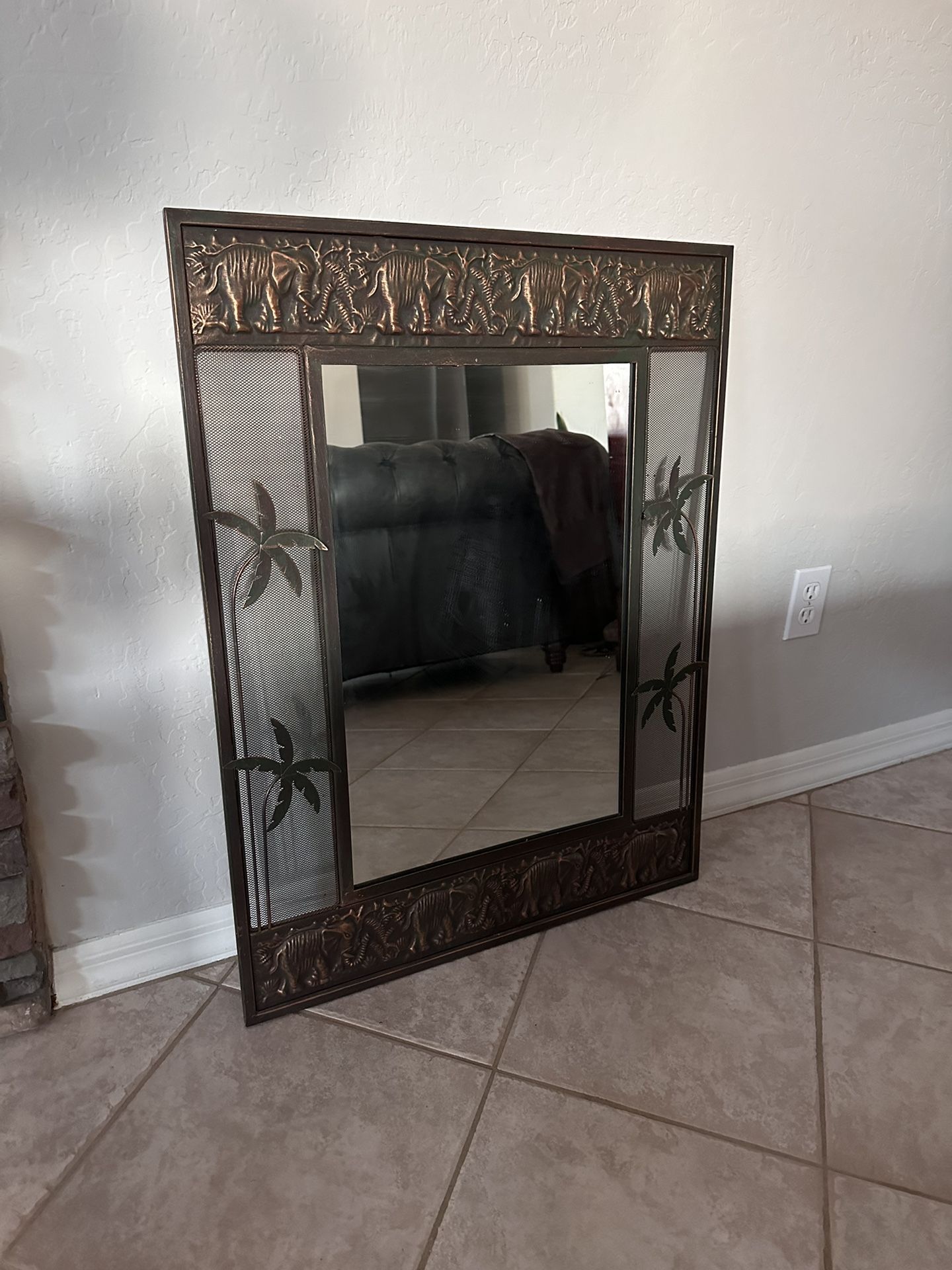 Mirror With Wrought Iron Frame / 25-1/2” Wide By 33” Tall / Accent Mirror Palm Trees And Elephants