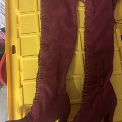  Size 8 burgundy suede lace-up over-the-knee boots