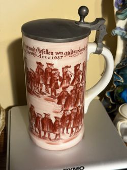 LARGE German Porcelain Beer Stein Mug  - Scene Painted of 17th Century Men 