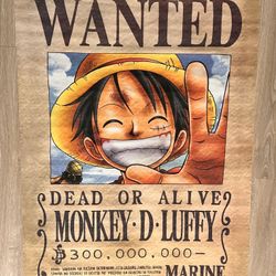 CLOTH SCROLL ONE  PIECE ANIME MONKEY D LUFFY WANTED DEAD OR ALIVE POSTER 44”X33” LARGE