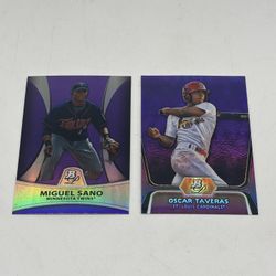 BOWMAN PLATINUM MIGUEL SANO RC PURPLE REFRACTOR & OSCAR TAVERAS ROOKIE