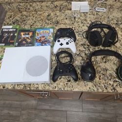 Xbox One S w/ games, controllers, and headsets