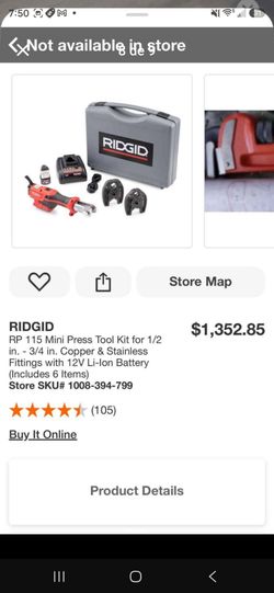 RIDGID
RP 115 Mini Press Tool Kit for 1/2 in. - 3/4 in. Copper & Stainless Fittings with 12V Li-Ion