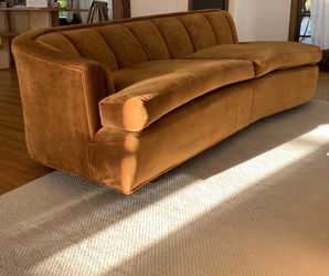 MCM 1970s Curved Velvet Sofa / Couch in Caramel Gold, 8 ft
