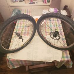 set mnt bike f & r wheels, tubes and tires.