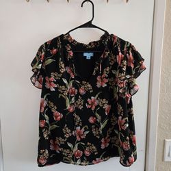 CeCe Pink Floral Ruffle Sleeve Blouse XL