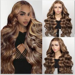 New-Qimo Honey Blonde Wig Human Hair 200 Density 13x6 HD Lace Frontal Wigs Ombre Body Wave Lace Front Wigs Human Hair Pre Plucked Highlight 4/27 Color