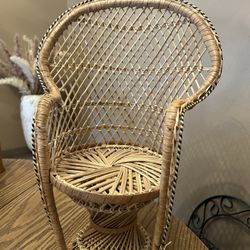    Wicker peacock chai r- decorative 16" tall plant stand / shower decor boho home