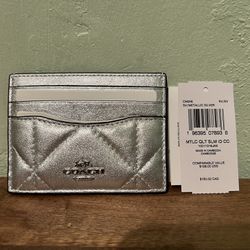 Coach Slim ID cardholder In Metallic Quilted Silver Leather 