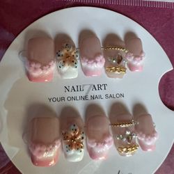Nails - Cute Pink And White French Tip Flower Bling Nails
