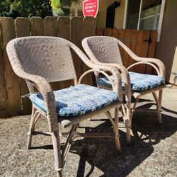 PAIR of Leather/Rattan Patio or Porch Chairs with Cushions!
