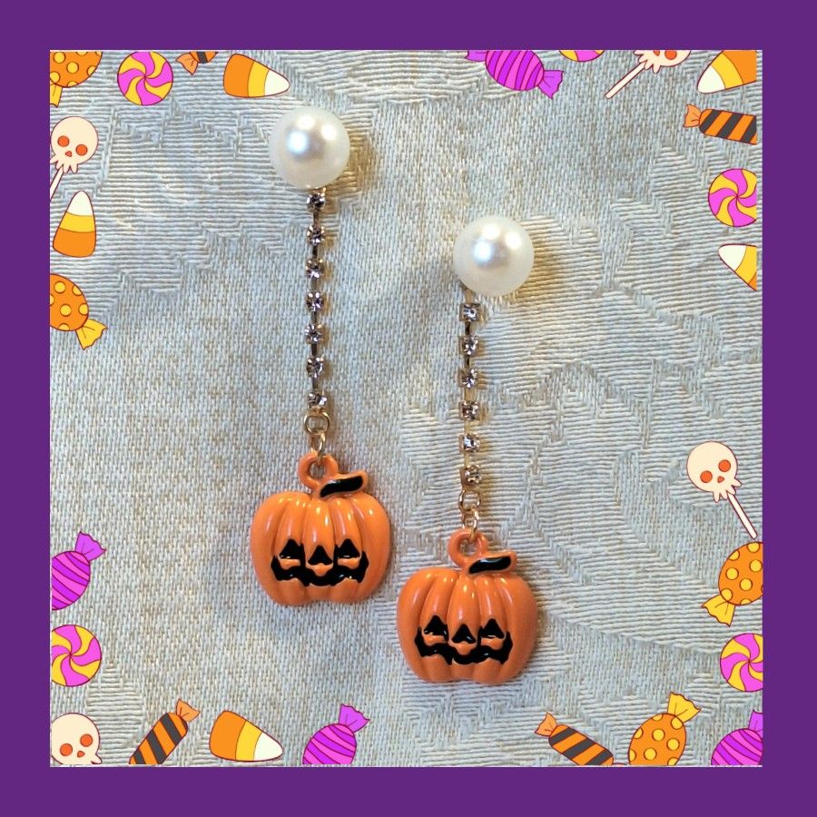 Orange enamel Pumpkin dangle drop stud earrings with silver rhinestones