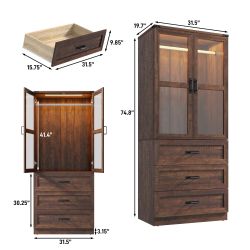 75" Tall Farmhouse 2 Doors Armoire Wardrobe Closet with 3 Drawers and LED,Freestanding Closet Wardrobe Cabinet for Bedroom with Hanging Rod,Wooden Arm