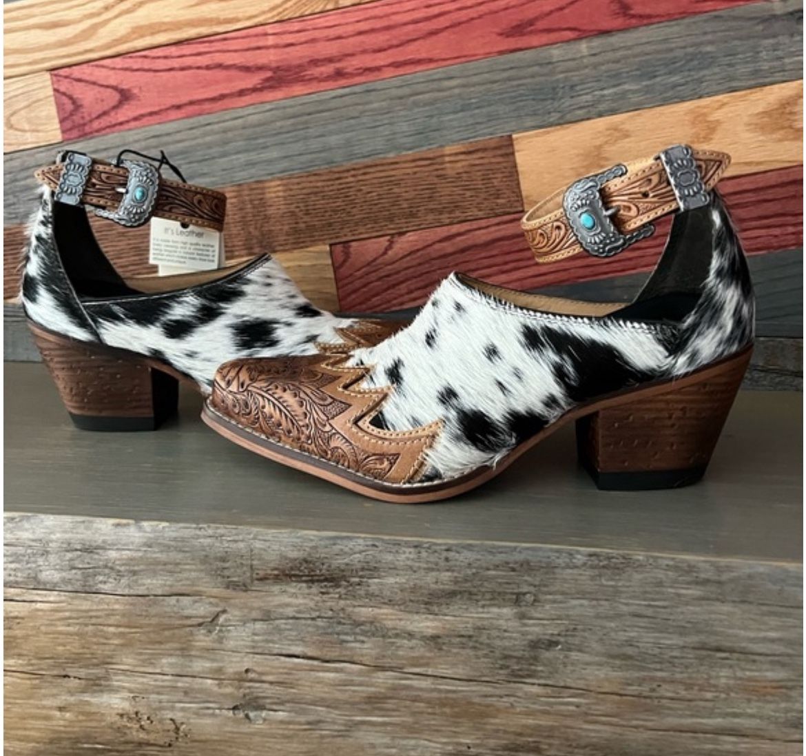 Hand-Tooled Leather strap Genuine Hide-On Women Bootie Boot Boho Western Shoe