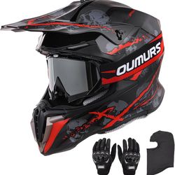 Adult ATV Dirt Bike Helmet w/Gloves & Mask Adjustable Motorcycle Helmet Off-Road Motocross Downhill Moped MX for Unisex-Adult-Red Skull, XL