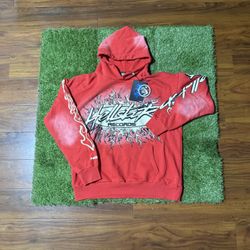 Hellstar Records Red Fleece Graphic Print Hooded Pullover Hoodie Men's Medium