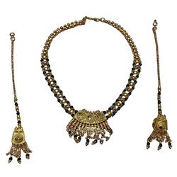 Indian Gold Green Glass Beads Kundan Necklace Set