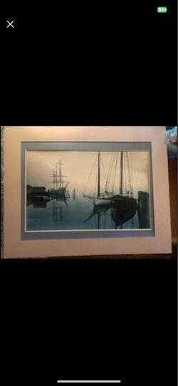 Gorgeous watercolor Boats on the Water, matted ready to frame