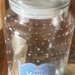 Home Sweet Home Canister 9" H w Lid (vinyl seal) Glass Libbey White Pink Green !