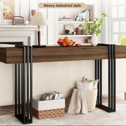 INDUSTRIAL STYLE ENTRY TABLE NEW CONDITION 63X14X33 METAL LEGS AND WALNUT COLOR TOP WOOD