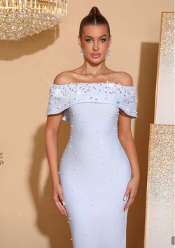 White Off-Shoulder Maxi Dress with Embellishments