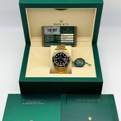 2014 Rolex Submariner Date 18k 40mm Black Ceramic Bezel 116618LN 18k 750 yellow gold Oyster Bracelet Watch Black Dial Box Card Booklets,Tag - Full Set