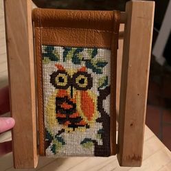 Vintage Owl Needlepoint and Wood Tissue holder/ Planter