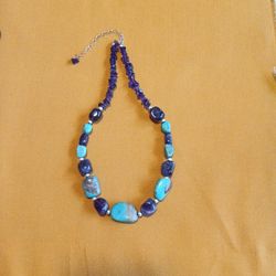 18 in Genuine Turquoise and Amethyst with Sterling Silver Beads and Sterling Silver Clasp 