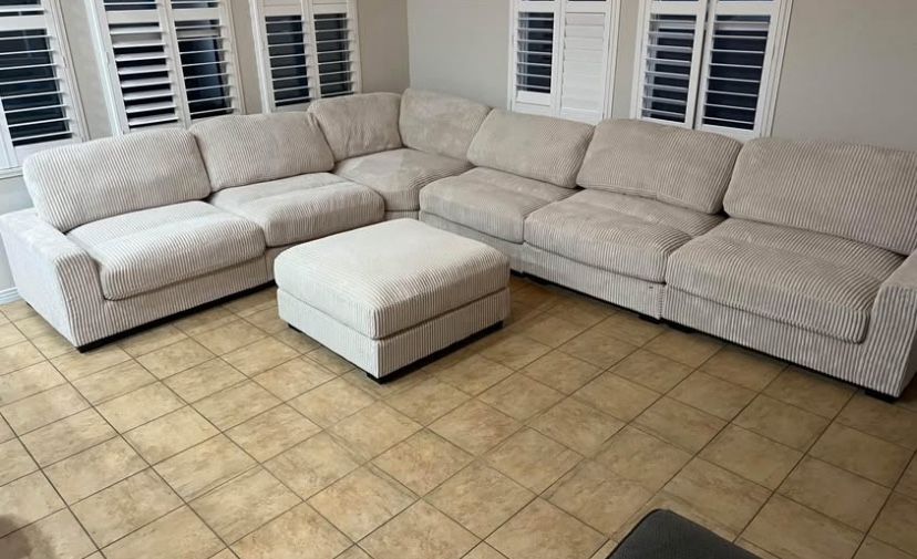 New 7 Piece Corduroy Sectional.  Off White / Beige.  127x164x66.  Free Delivery!