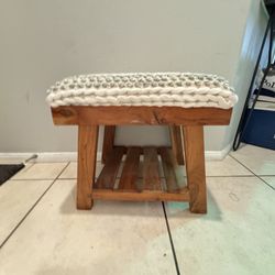 Boho Wooden Stool w/ Hand-Woven Cushion