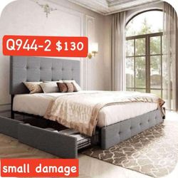 Queen Size Upholstered Platform Bed Frame with 4 Drawers Storage ,Light Grey (944-2)(small damage)