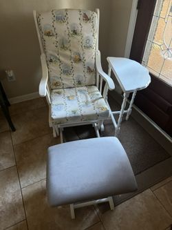 Dutailier White Wood Glider Rocking Chair with Foot Rest - Side Table 