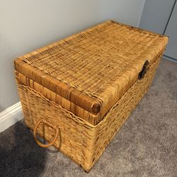 Vintage Wicker Chinoiserie Storage Trunk with Brass Hardware