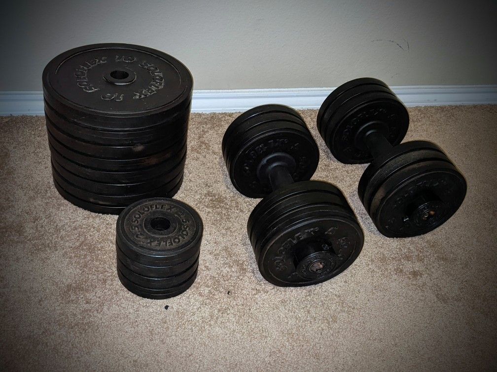Soloflex Rubber-Coated Cast Iron Weight Plates 150 lbs + Hand Weight Bars