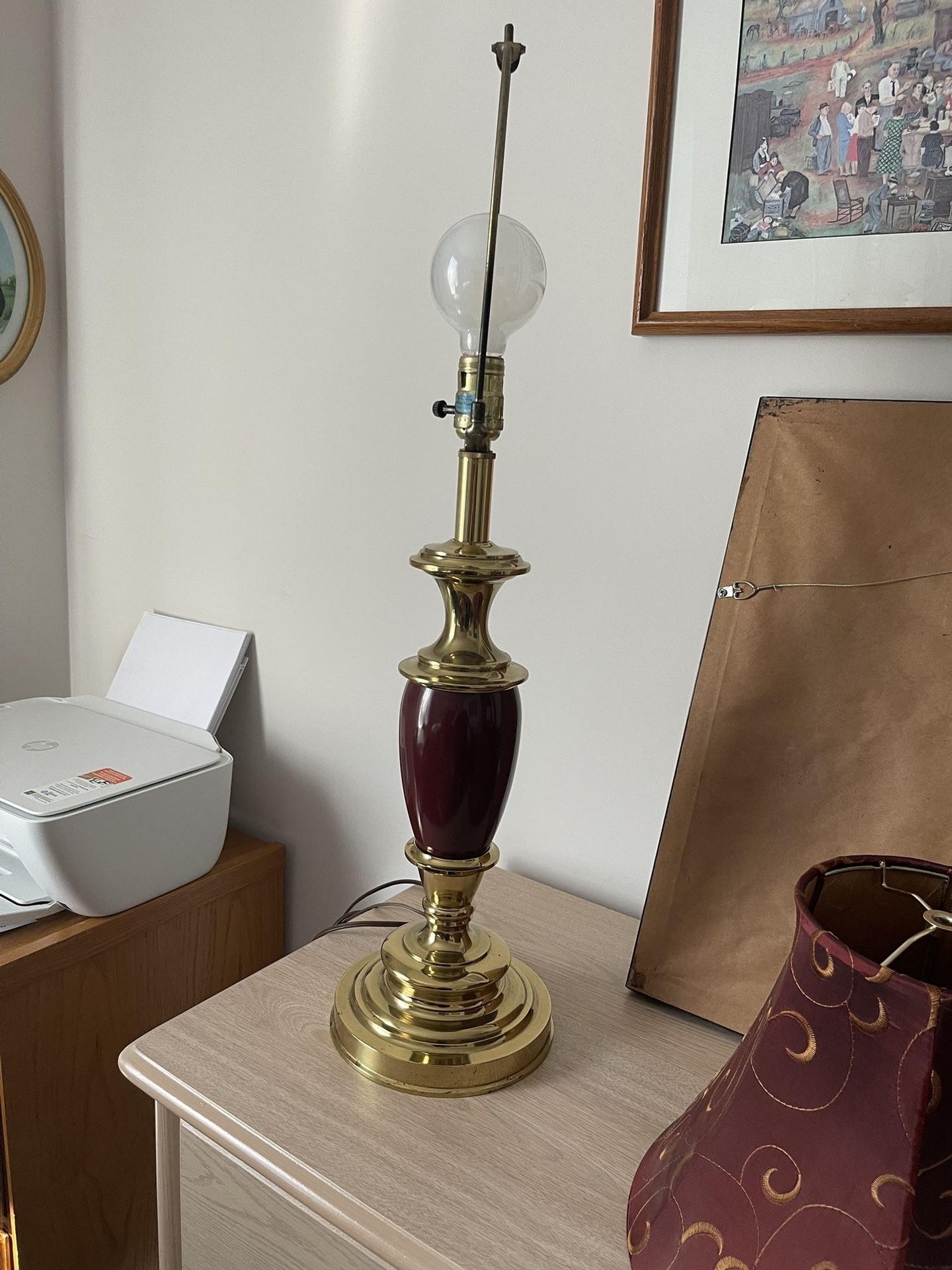 Beautiful Heavy Brass & Burgundy Lamp With Red Shade
