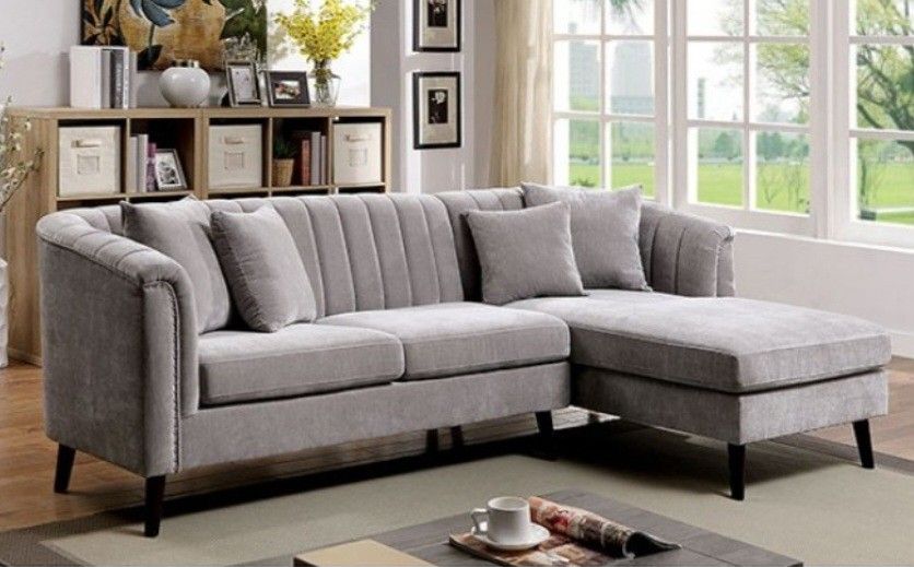 Brand New Grey Chenille Mid Century Modern Style Sectional Sofa (Pillows Included)