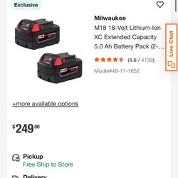 Milwaukee M18 REDLITHIUM XC 5.0 Ah Battery 2‑Pack (Sealed, Brand New) – $165 OBO