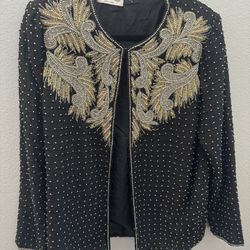 Vintage Laurence Kazar Black and Gold Beaded Jacket - Size L