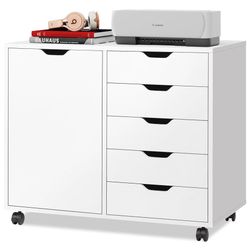 5-Drawer Wood Dresser Chest with Door, Mobile Storage Cabinet