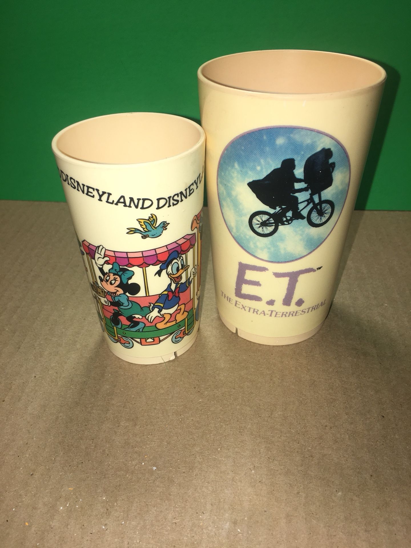 2 Vintage Cup Glass, 1982 Deka 1982 The E.T. Extra-Terrestrial Plastic Juice Cup and MICKEY MOUSE & FRIENDS ON TRAIN PLASTIC