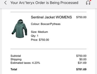 Brand new Arc’teryx Sentinel Jacket Women’s, size Medium, color Boxcar/Pytheas