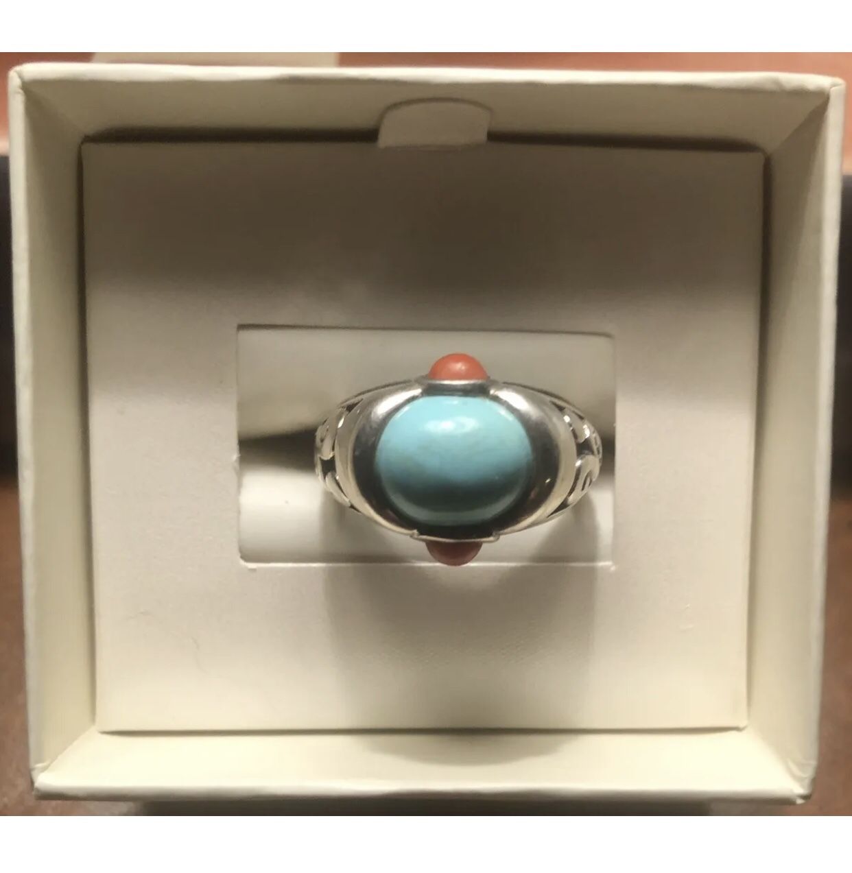 Beautiful Sterling Silver (925) Turquoise And Coral Ring Size 7
